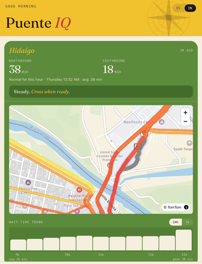 English screenshot — Hidalgo bridge card with northbound 38 min, southbound 18 min, traffic map, and the day's wait time trend
