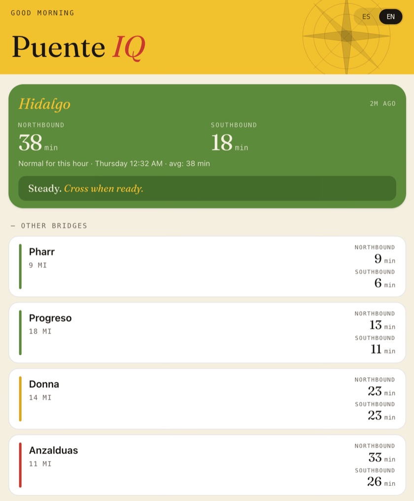 English Other Bridges list — Pharr 9/6 min, Progreso 13/11 min, Donna 23/23 min, Anzalduas 33/26 min